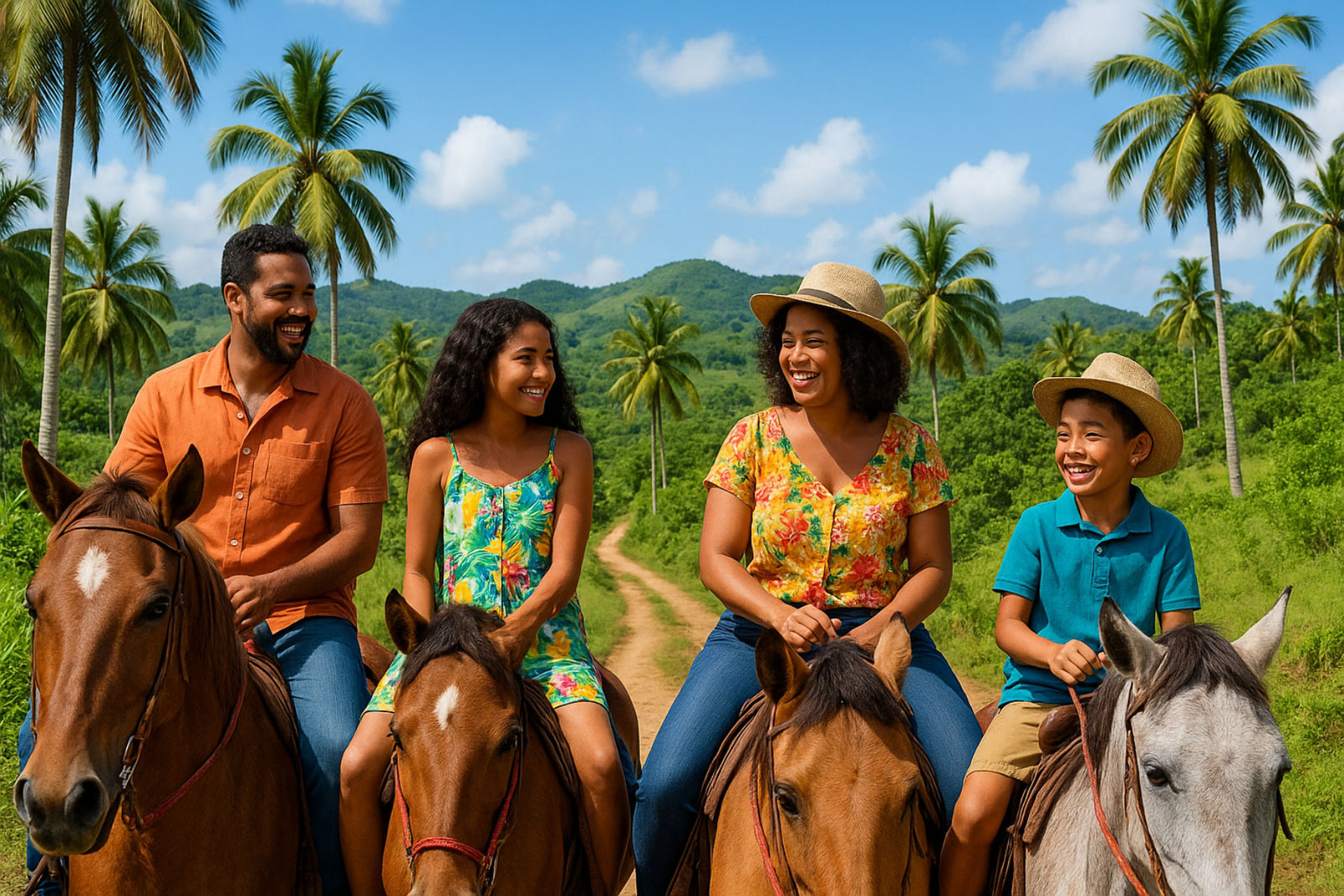 Family of four riding horses on a trail with palm trees and mountains in the background