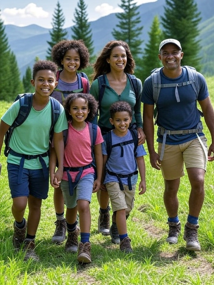 Family of six with backpacks hiking in a scenic outdoor setting with mountains and trees.
