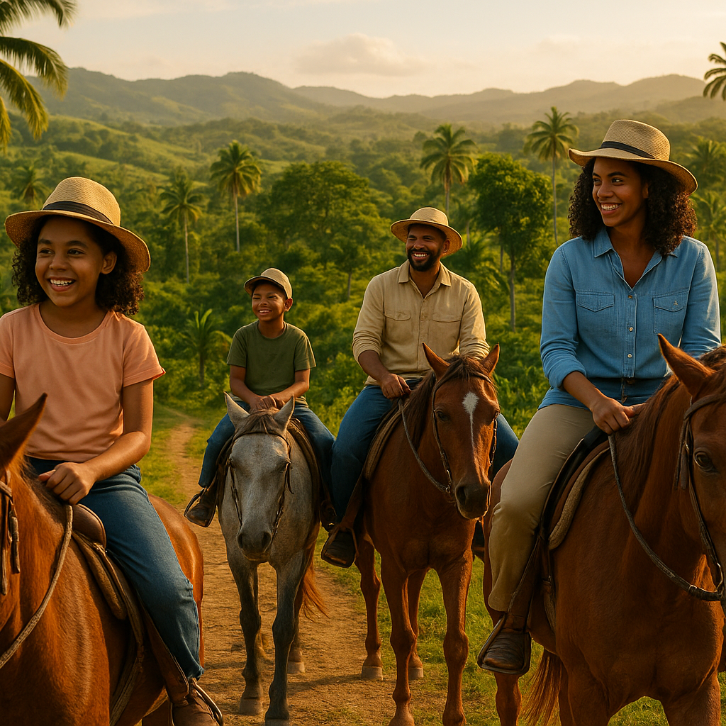 a domincian family riding horses