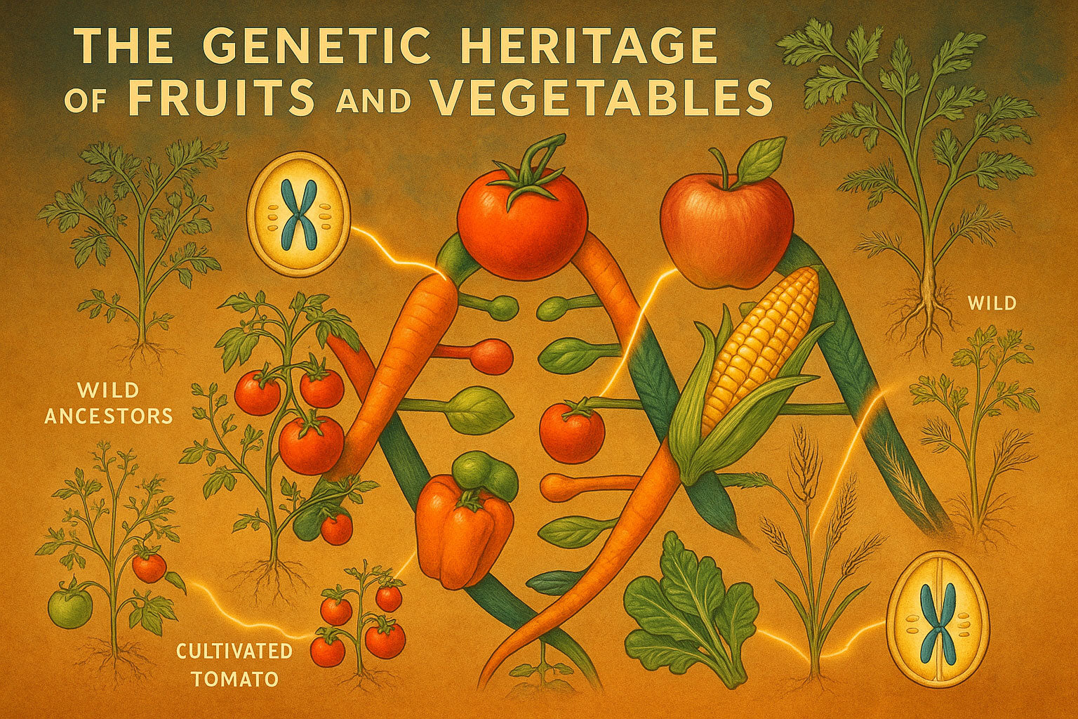 Illustration of genetic heritage of fruits and vegetables with DNA strands and plants.