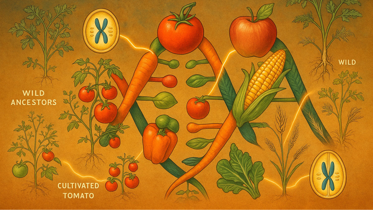 Illustration of genetic heritage of fruits and vegetables with DNA strands and plants.